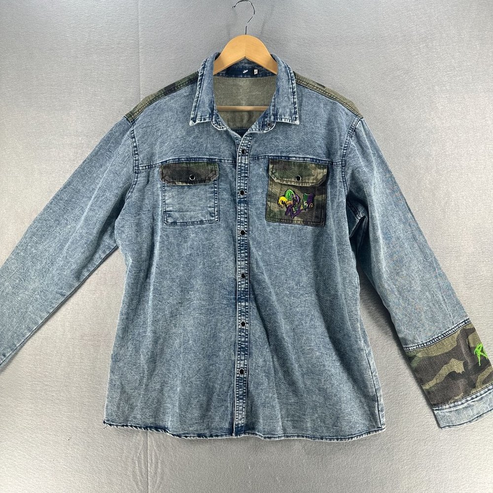 ROIWHQ Adults Chambray Camouflage Shirt XL Blue Long Sleeve Kingsmen Embroidered